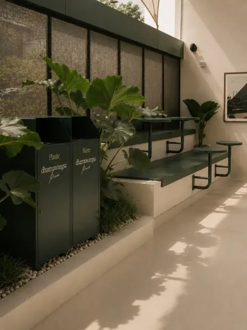 Timber bench and planters in soft afternoon light