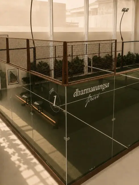 Court glass glowing in warm light