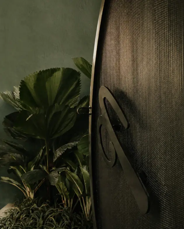Palm leaves beside the dé logo on a dark wall